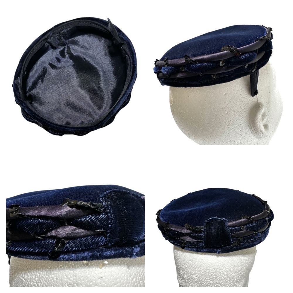 1960s Navy Velvet Pillbox Hat Mod Jackie O Cocktail Retro Chic Vintage